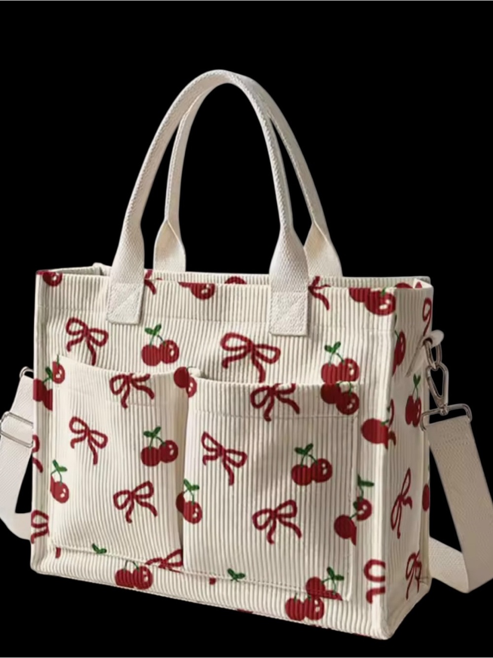 Cream Cherry Print Canvas Tote Bag with Adjustable Strap- excellent quality